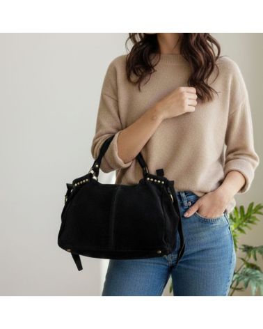 sac à main en daim couleur noir avec bandoulière amovible fabrication italienne