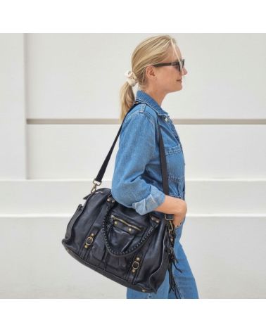 sac esprit vintage cuir noir sac de cours pour la fac ou le lycée