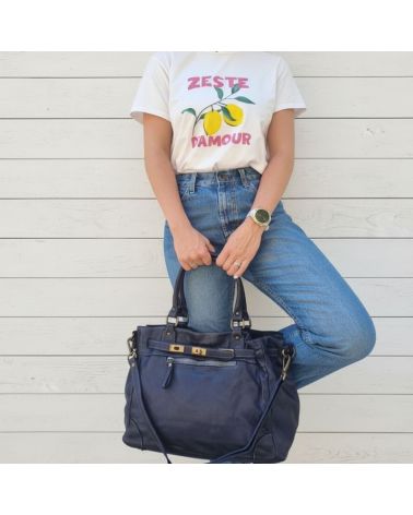 Sac cabas en cuir bleu pour femme, porté épaule avec bandoulière