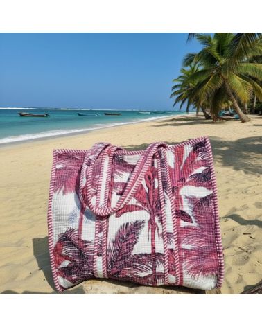 cabas coton matelassé imprimé palmiers écru et lilas pour la plage ou le shopping été 2025