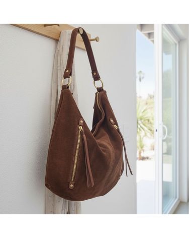 Sac bohème chic en daim chocolat, grand format pratique et tendance