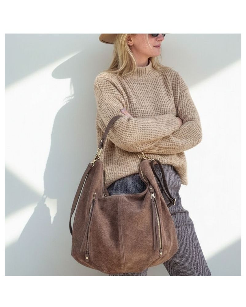 sac en daim forme hobo poches zippées devant style casual