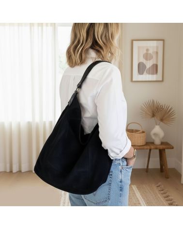 sac en daim forme hobo anse cuir couleur noir