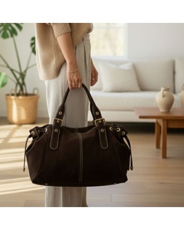Grand sac en daim pour femme, porté main avec finitions couture contrastée