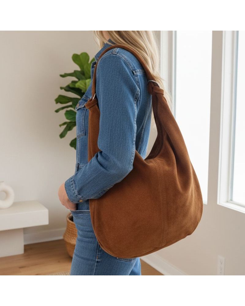 Sac hobo en daim camel porté à l’épaule, style bohème chic Sac hobo en daim camel porté à l’épaule, style bohème chic