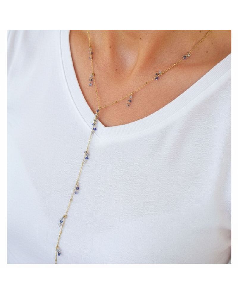 collier très fin en Y perles émaillées bleu