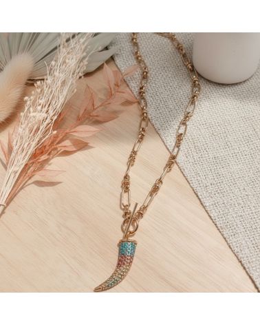 collier chaine pendentif corne strass multicolore mile mila