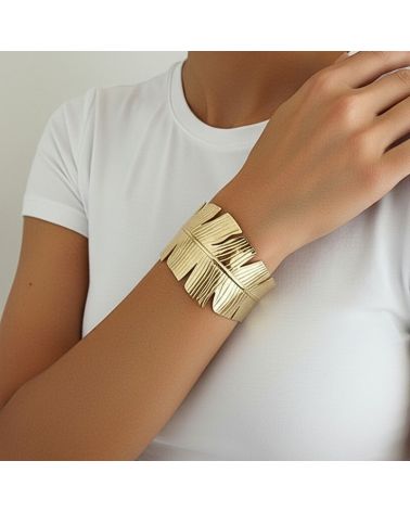 bracelet manchette acier inoxydable doré motif feuillage bijou mile mila