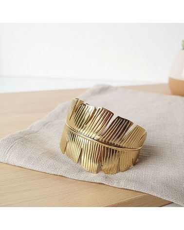 bracelet manchette acier inoxydable doré motif feuillage bijou mile mila