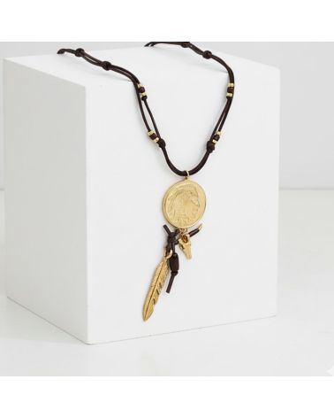 Sautoir Mile Mila en daim chocolat et breloques dorées esprit western