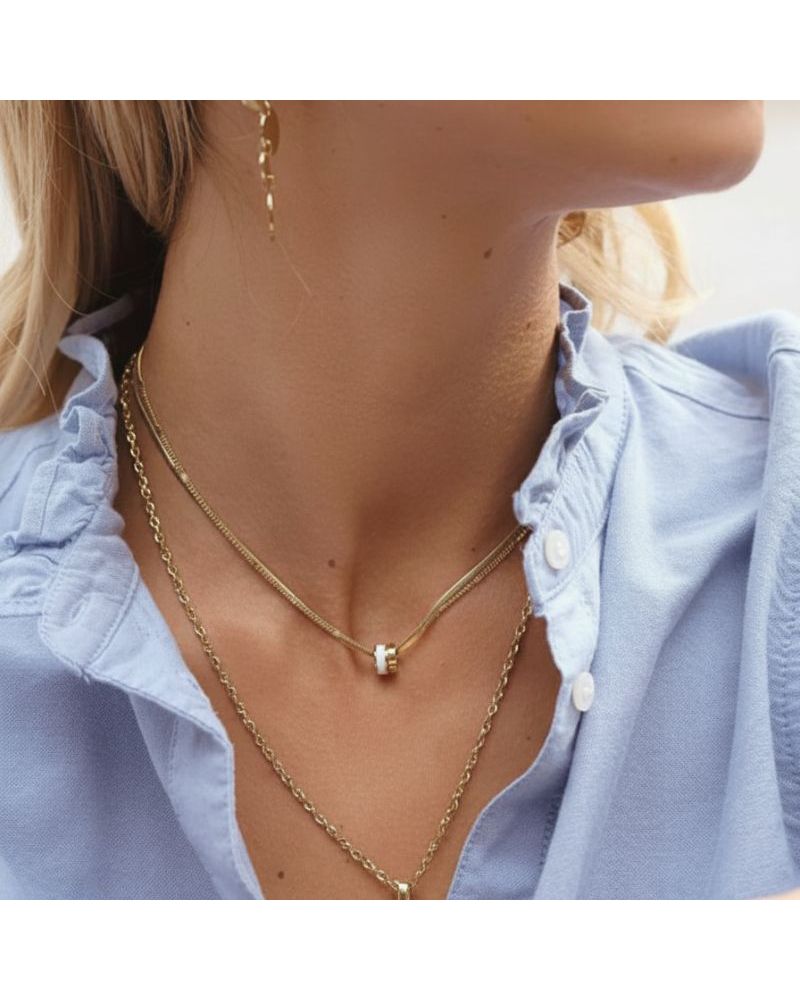 collier ras de cou double chaine anneau émail blanc bijou bohm paris acier inoxydable collier ras de cou double chaine anneau émail blanc bijou bohm paris acier inoxydable