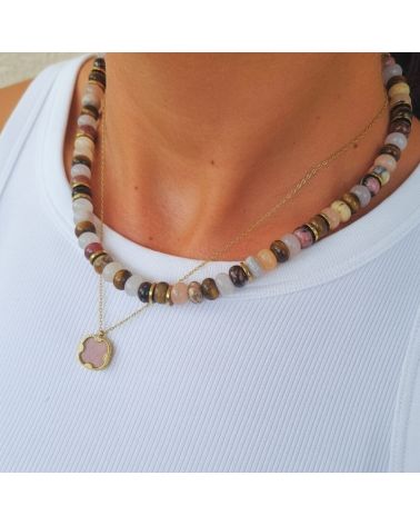 collier acier inoxydable doré avec pendentif pierre rhodonite marque bohm paris mixé à collier pierres naturelles tendance