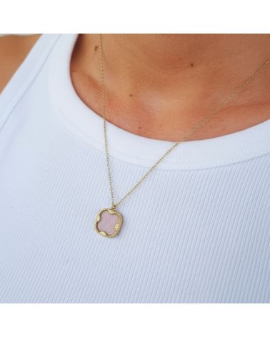 collier acier inoxydable doré avec pendentif pierre rhodonite marque bohm paris