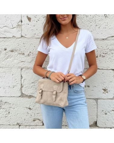 Sac besace bandoulière en daim, double boucle Beige Sac besace bandoulière en daim, double boucle Beige