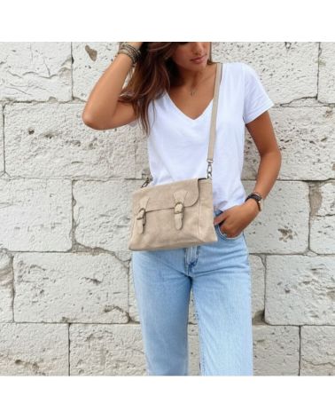 Sac besace bandoulière en daim, double boucle Beige pour femme