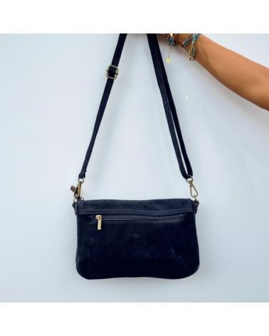 sac à bandoulière en daim couleur noir avec poche zippée dos