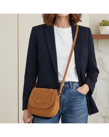 sac en daim à bandoulière daim rabat tressé couleur camel