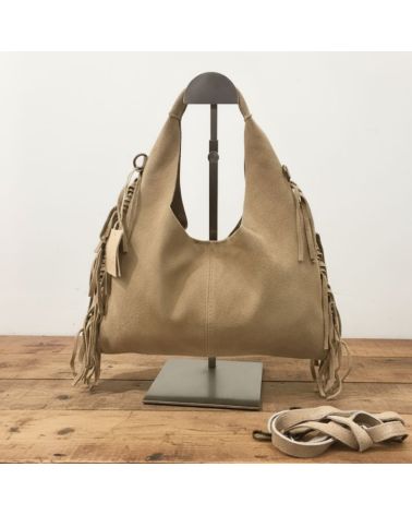 mini sac demi lune à franges couleur beige