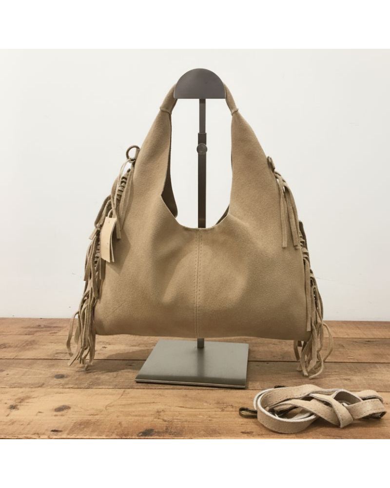 mini sac demi lune à franges couleur beige