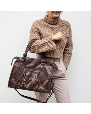 sac à main grand format cuir brossé couleur chocolat porté main ou bandoulière
