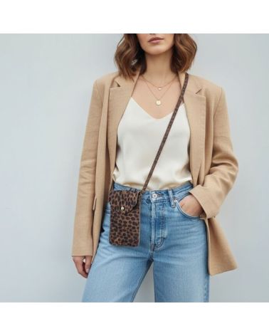sac pochette pour téléphone daim imprimé léopard