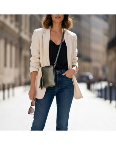 pochette de téléphone cuir irisé kaki