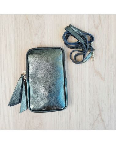pochette de téléphone cuir irisé kaki