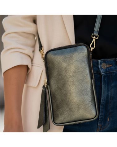 pochette de téléphone cuir irisé kaki
