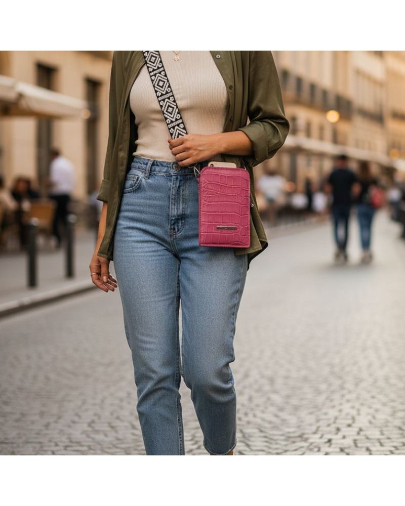 pochette de téléphone cuir couleur rose vif fabriqué main artisanal marque Bonendis Athènes pochette de téléphone cuir couleur rose vif fabriqué main artisanal marque Bonendis Athènes