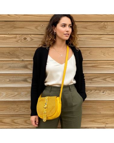 sac besace cuir effet vintage tressé couleur jaune