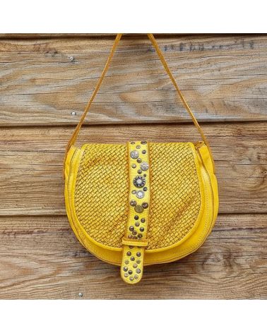sac besace cuir tressé  effet vintage  couleur jaune
