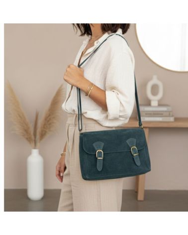 sac besace double boucle en daim couleur vert sapin