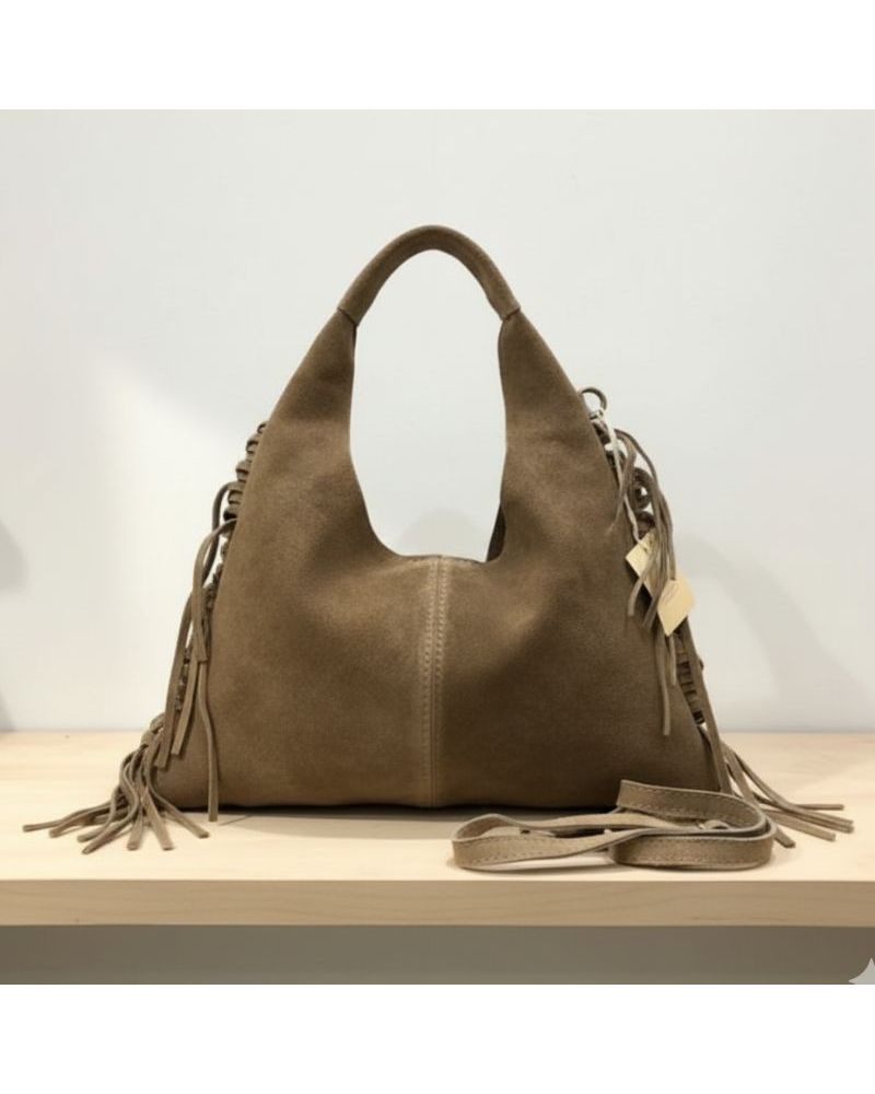 mini sac demi lune daim taupe avec franges sur les côtés mini sac demi lune daim taupe avec franges sur les côtés