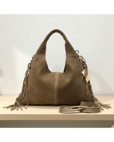 mini sac demi lune daim taupe avec franges sur les côtés