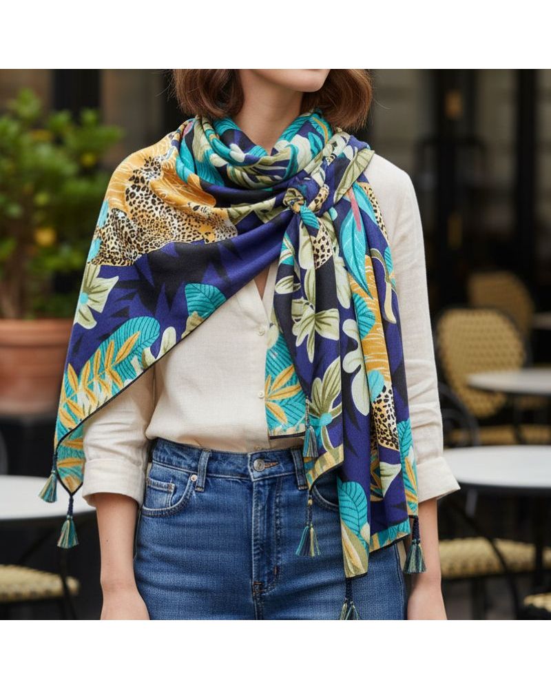 Étole carré panthère sur son rocher création Palme Paris couleur bleu