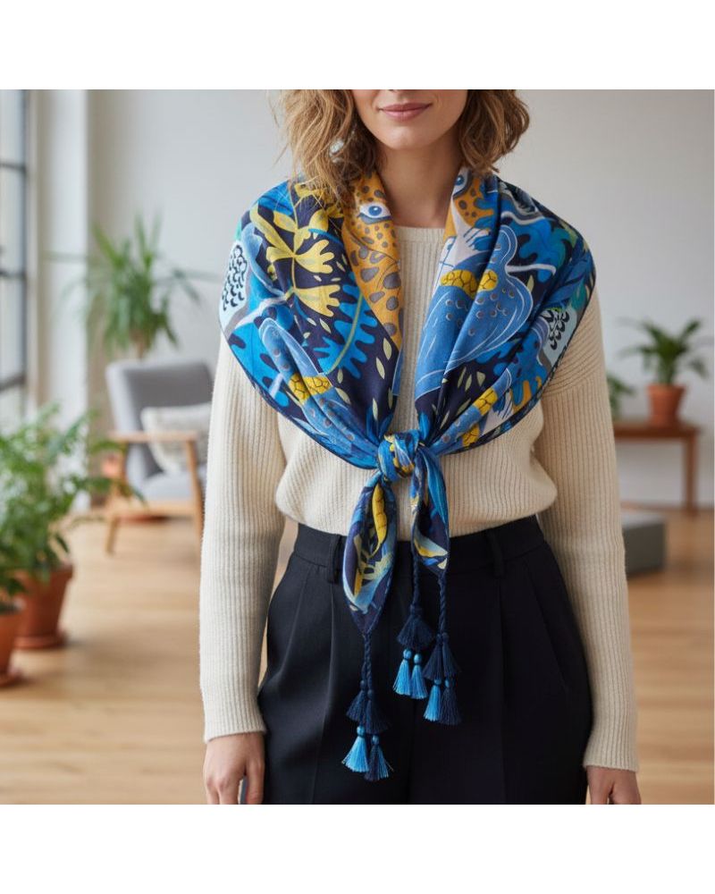 étole forme carré imprimé style ethnique chic impression panthère et toucan mode Palme Paris