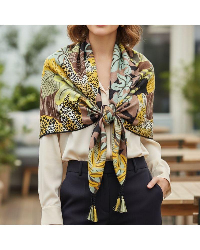 étole forme grand carré imprimé panthère sur son rocher mode ethnique chic marque Palme Paris étole forme grand carré imprimé panthère sur son rocher mode ethnique chic marque Palme Paris