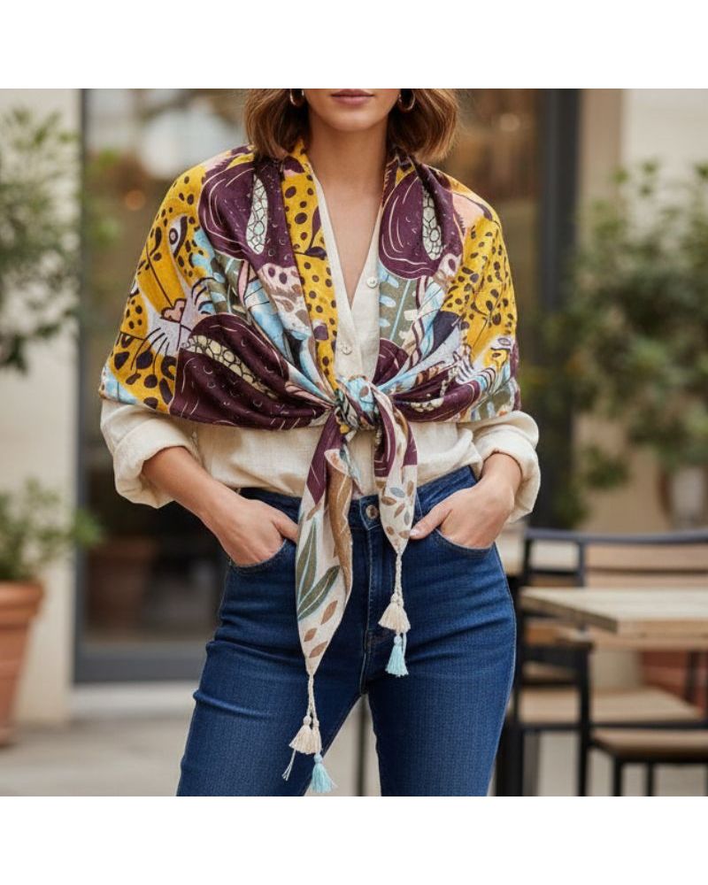 étole forme carré imprimé marron clair motif panthère et toucan palme paris