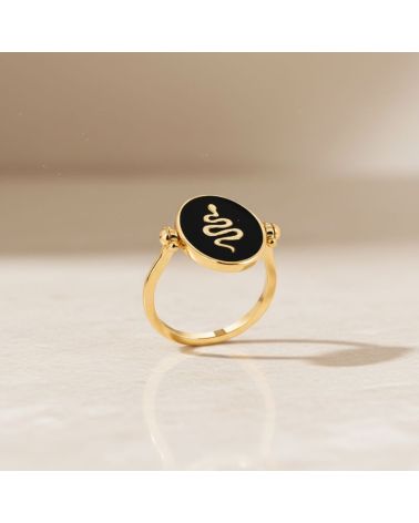 bague pour femme plaqué or 18 carats médaille email noir motif  serpent reversible