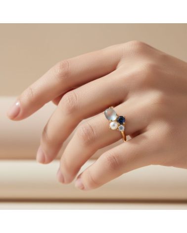 bague pour femme plaqué or 18 carats pierre aigue marine quartz et oxyde de zirconium