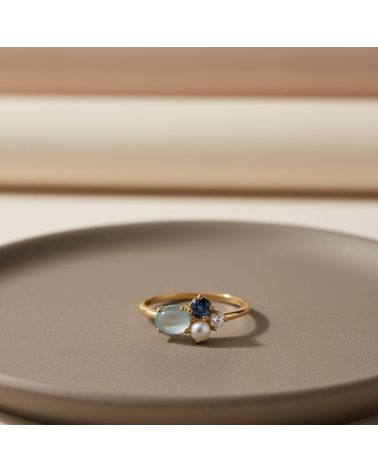 bague pour femme plaqué or 18 carats pierre aigue marine quartz et oxyde de zirconium