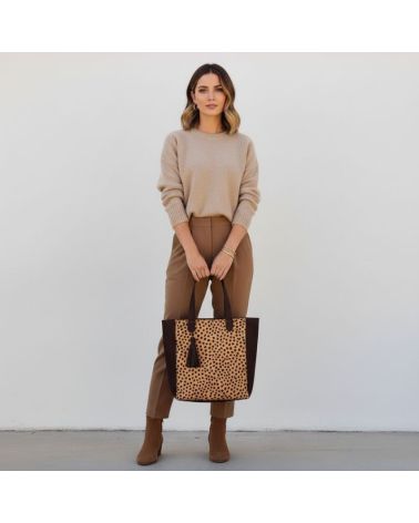 sac cabas en cuir imprimé animal et bandes latérales daim marron touche chic et sauvage