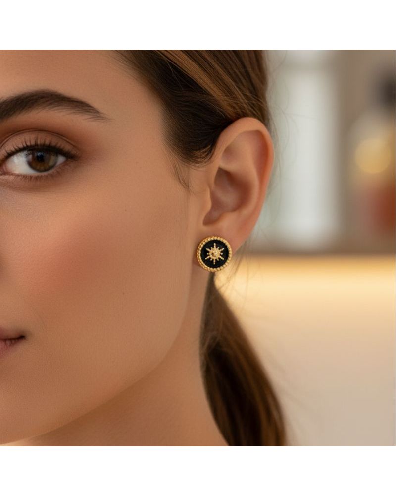puces d'oreilles émail noir et plaqué or 18 carats bijou discret et chic