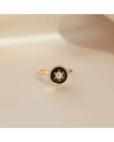 bague plaqué or 18 carats médaille émail noir avec étoile perlée