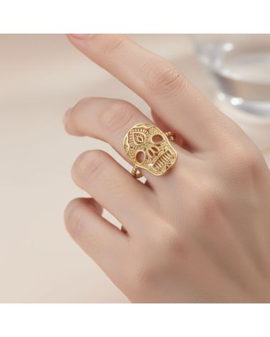 bague plaqué or tête de mort skull inspiration mexicaine