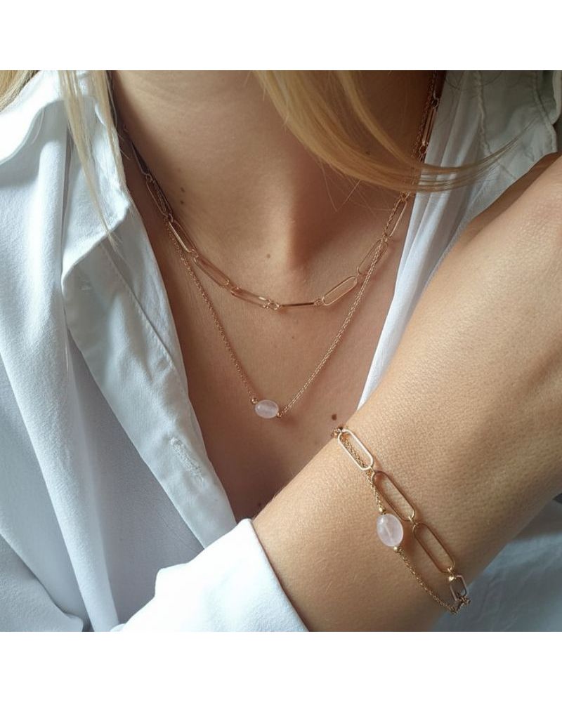 collier ras de cou plaqué or chaine fine et pierre ovale naturelle quartz rose