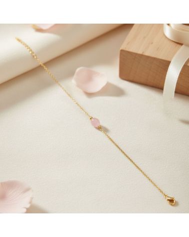 bracelet plaqué or 18 carats avec pierre ovale quartz rose véritable bijou féminin et raffiné