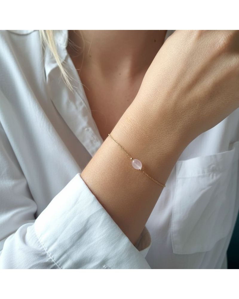 bracelet plaqué or 18 carats avec pierre ovale quartz rose véritable bijou féminin et raffiné