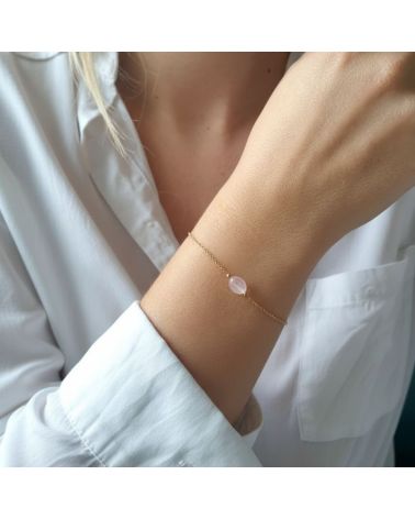 bracelet plaqué or 18 carats avec pierre ovale quartz rose véritable bijou féminin et raffiné
