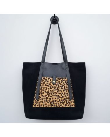 cabas en daim couleur noir empiècement imprimé léopard made in italy